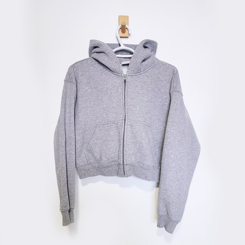 Aritzia TNA CozyAF Fleece Grey Cropped Zipper Hoodie Fleece Sweater - Size XS